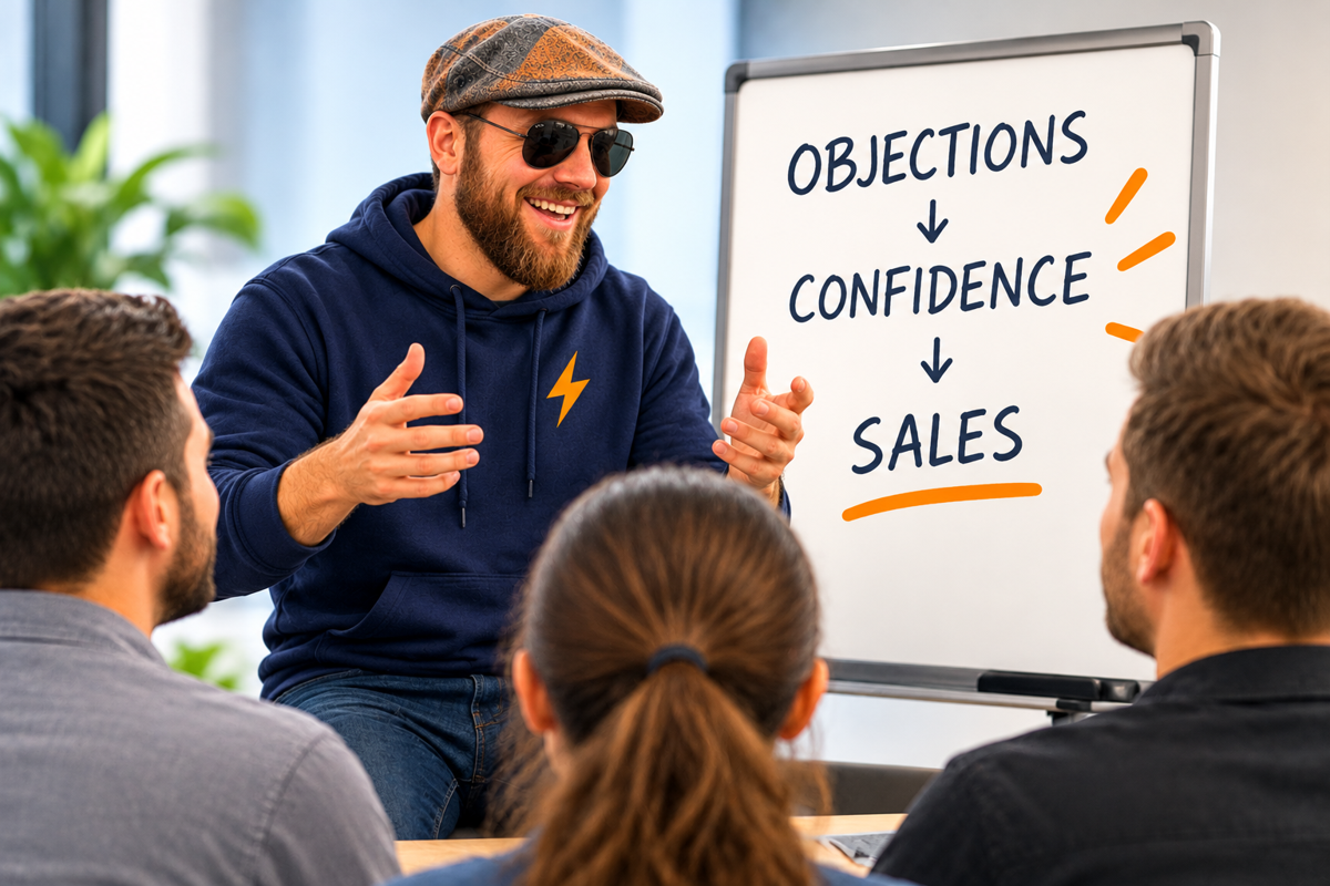 Sales coach helping a small team practice objections